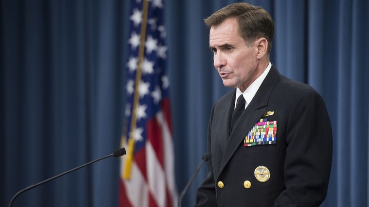 John Kirby presenting a speech on his retrieval from Admiral position.